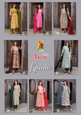 Master by Khushi reyon foil printed flared kurti pant and dupatta catalogue readymade suit catalogs