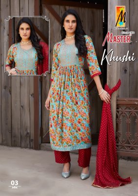 Master by Khushi reyon foil printed flared kurti pant and dupatta catalogue readymade suit catalogs