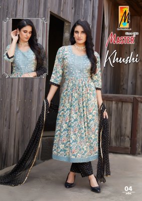 Master by Khushi reyon foil printed flared kurti pant and dupatta catalogue readymade suit catalogs