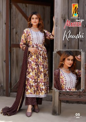 Master by Khushi reyon foil printed flared kurti pant and dupatta catalogue readymade suit catalogs