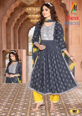 Master by Panchi printed reyon flared readymade suit catalogue at wholesale price readymade suit catalogs