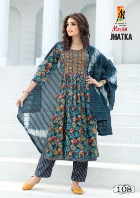 Master by jhatka capsul print nayra cut three side work kurti pant and dupatta catalogue at low rate readymade suit catalogs