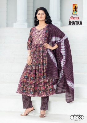 Master by jhatka capsul print nayra cut three side work kurti pant and dupatta catalogue at low rate readymade suit catalogs