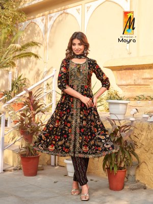 Master present Mayra Heavy capsule foil print Nyra cut kurti pant and dupatta catalogue readymade suit catalogs