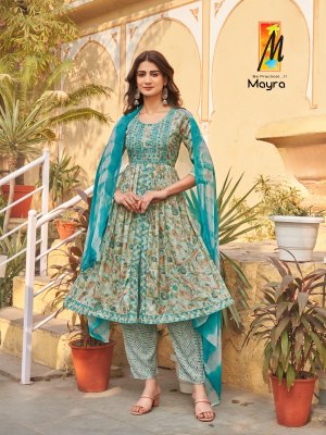 Master present Mayra Heavy capsule foil print Nyra cut kurti pant and dupatta catalogue readymade suit catalogs