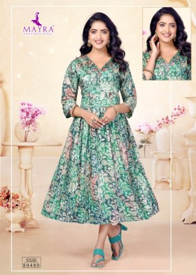 Mayra by Sugar pure heavy chanderi printed umbrella kurti catalogue kurtis catalogs