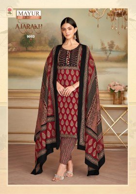 Mayur Creation Ajarakh Vol 9 Pure Cotton Printed Kurti with Neck Embroidery Pant Set Wholesale Amavi
