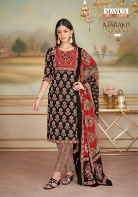 Mayur Creation Ajarakh Vol 9 Pure Cotton Printed Kurti with Neck Embroidery Pant Set Wholesale kurtis catalogs
