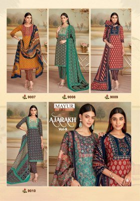 Mayur Creation Ajarakh Vol 9 Pure Cotton Printed Kurti with Neck Embroidery Pant Set Wholesale kurtis catalogs