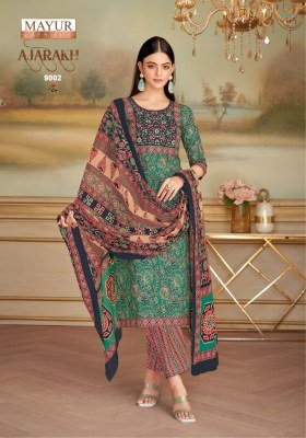 Mayur Creation Ajarakh Vol 9 Pure Cotton Printed Kurti with Neck Embroidery Pant Set Wholesale kurtis catalogs
