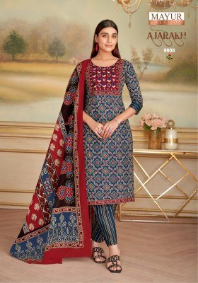 Mayur Creation Ajarakh Vol 9 Pure Cotton Printed Kurti with Neck Embroidery Pant Set Wholesale kurtis catalogs