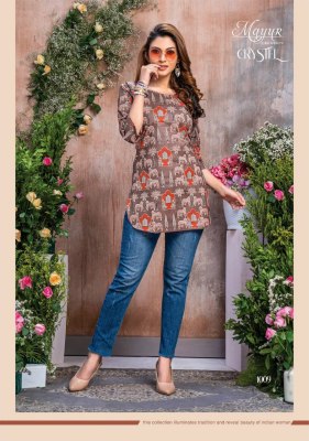 Mayur by Crystel Vol 1 heavy printed trendy short tunic catalogue at low rate western wear catalogs