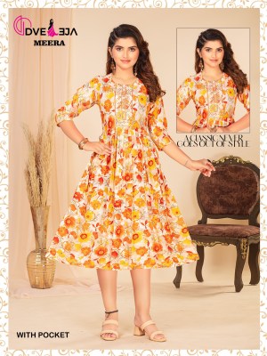 Meera by dveeja fashion reyon foil printed flaired short kurti catalogue at amaviexpo kurtis catalogs