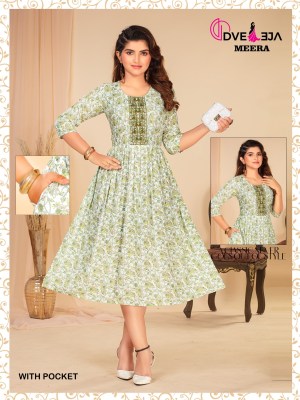 Meera by dveeja fashion reyon foil printed flaired short kurti catalogue at amaviexpo kurtis catalogs