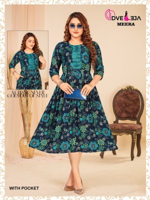 Meera by dveeja fashion reyon foil printed flaired short kurti catalogue at amaviexpo kurtis catalogs