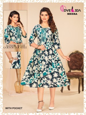 Meera by dveeja fashion reyon foil printed flaired short kurti catalogue at amaviexpo kurtis catalogs