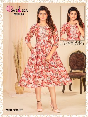 Meera by dveeja fashion reyon foil printed flaired short kurti catalogue at amaviexpo kurtis catalogs