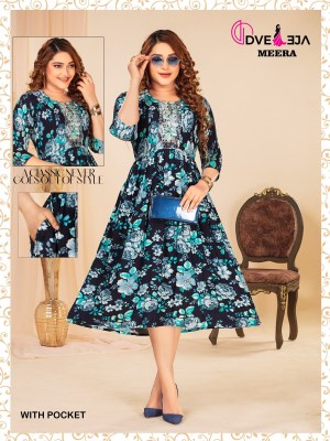 Meera by dveeja fashion reyon foil printed flaired short kurti catalogue at amaviexpo kurtis catalogs