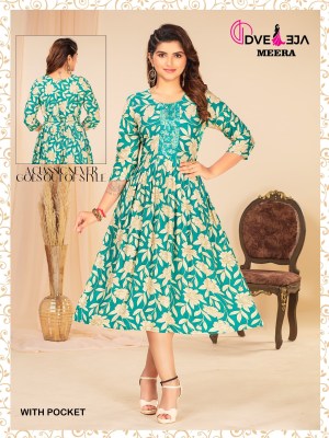 Meera by dveeja fashion reyon foil printed flaired short kurti catalogue at amaviexpo kurtis catalogs