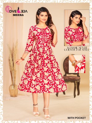 Meera by dveeja fashion reyon foil printed flaired short kurti catalogue at amaviexpo kurtis catalogs