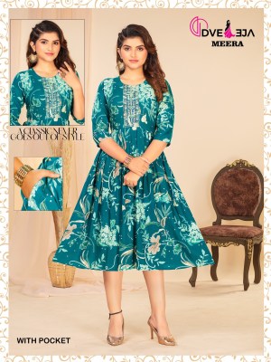 Meera by dveeja fashion reyon foil printed flaired short kurti catalogue at amaviexpo kurtis catalogs