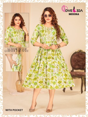 Meera by dveeja fashion reyon foil printed flaired short kurti catalogue at amaviexpo kurtis catalogs