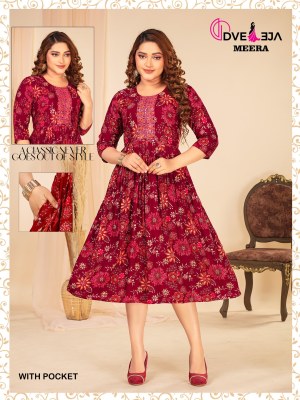 Meera by dveeja fashion reyon foil printed flaired short kurti catalogue at amaviexpo kurtis catalogs