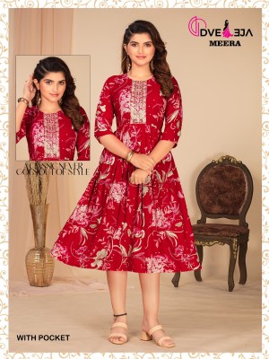 Meera by dveeja fashion reyon foil printed flaired short kurti catalogue at amaviexpo kurtis catalogs