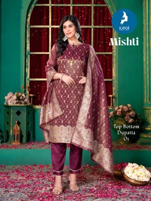 Mishti by Kaya Silk Jacquard Simmer Straight Top Bottom and dupatta collection at affordable rate   readymade suit catalogs