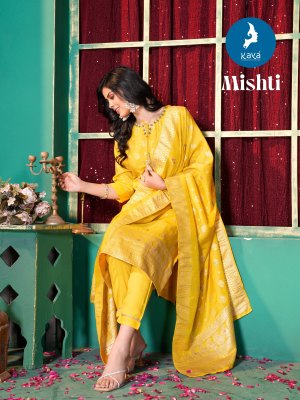 Mishti by Kaya Silk Jacquard Simmer Straight Top Bottom and dupatta collection at affordable rate   readymade suit catalogs