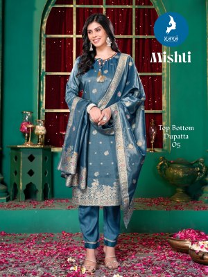 Mishti by Kaya Silk Jacquard Simmer Straight Top Bottom and dupatta collection at affordable rate   readymade suit catalogs