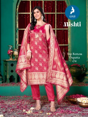Mishti by Kaya Silk Jacquard Simmer Straight Top Bottom and dupatta collection at affordable rate   readymade suit catalogs