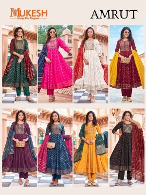 Mukesh Amrut Rayon Gown Set with Heavy Sequin Embroidery And Color Foil Print Pant And Pure Viscose Chanderi Dupatta Wholesale kurtis catalogs