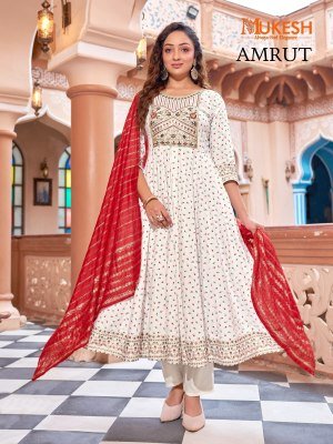 Mukesh Amrut Rayon Gown Set with Heavy Sequin Embroidery And Color Foil Print Pant And Pure Viscose Chanderi Dupatta Wholesale kurtis catalogs