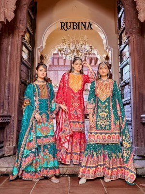 Mukesh Rubina Readymade Pakistani Suit Pure Crape Silk Digital Print Top with Inner Mirror Work Sharara And Dupatta Wholesale  pakistani suit catalogs