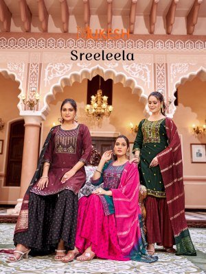 Mukesh Sree Leela Kurti Sharara Dupatta Set Gadhwal Silk Embroidered Top Rayon Foil Sharara Pure Viscose Jacquard Dupatta wholesale wholesale catalogs