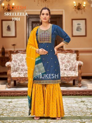 Mukesh Sree Leela Kurti Sharara Dupatta Set Gadhwal Silk Embroidered Top Rayon Foil Sharara Pure Viscose Jacquard Dupatta wholesale kurtis catalogs