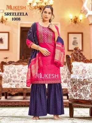 Mukesh Sree Leela Kurti Sharara Dupatta Set Gadhwal Silk Embroidered Top Rayon Foil Sharara Pure Viscose Jacquard Dupatta wholesale kurtis catalogs