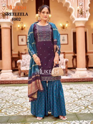 Mukesh Sree Leela Kurti Sharara Dupatta Set Gadhwal Silk Embroidered Top Rayon Foil Sharara Pure Viscose Jacquard Dupatta wholesale kurtis catalogs