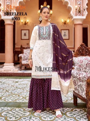 Mukesh Sree Leela Kurti Sharara Dupatta Set Gadhwal Silk Embroidered Top Rayon Foil Sharara Pure Viscose Jacquard Dupatta wholesale kurtis catalogs