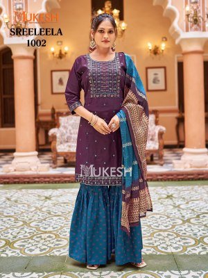 Mukesh Sree Leela Kurti Sharara Dupatta Set Gadhwal Silk Embroidered Top Rayon Foil Sharara Pure Viscose Jacquard Dupatta wholesale kurtis catalogs