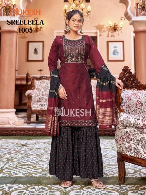 Mukesh Sree Leela Kurti Sharara Dupatta Set Gadhwal Silk Embroidered Top Rayon Foil Sharara Pure Viscose Jacquard Dupatta wholesale kurtis catalogs