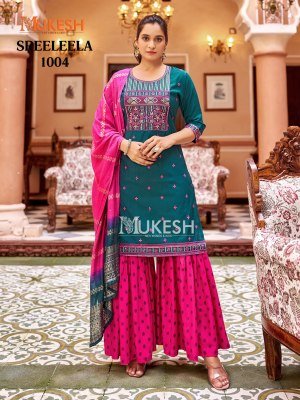 Mukesh Sree Leela Kurti Sharara Dupatta Set Gadhwal Silk Embroidered Top Rayon Foil Sharara Pure Viscose Jacquard Dupatta wholesale kurtis catalogs