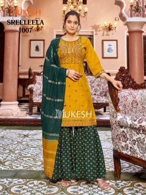 Mukesh Sree Leela Kurti Sharara Dupatta Set Gadhwal Silk Embroidered Top Rayon Foil Sharara Pure Viscose Jacquard Dupatta wholesale kurtis catalogs