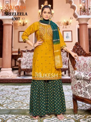 Mukesh Sree Leela Kurti Sharara Dupatta Set Gadhwal Silk Embroidered Top Rayon Foil Sharara Pure Viscose Jacquard Dupatta wholesale kurtis catalogs