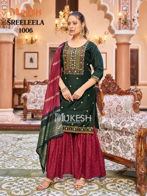 Mukesh Sree Leela Kurti Sharara Dupatta Set Gadhwal Silk Embroidered Top Rayon Foil Sharara Pure Viscose Jacquard Dupatta wholesale kurtis catalogs