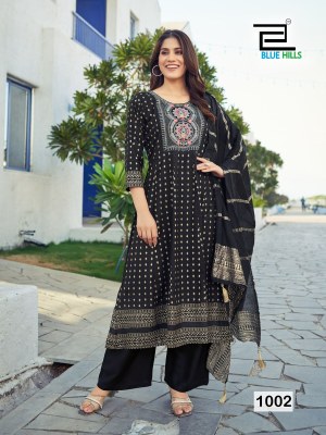 Muskan by Blue hills reyon foil printed kurti pant and dupatta catalogue at low rate readymade suit catalogs