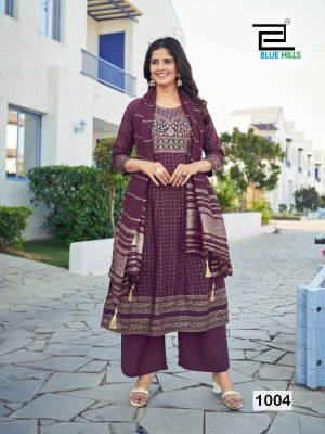 Muskan by Blue hills reyon foil printed kurti pant and dupatta catalogue at low rate readymade suit catalogs