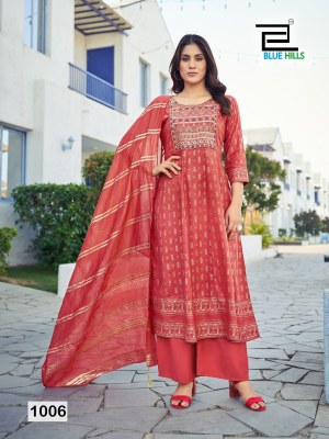 Muskan by Blue hills reyon foil printed kurti pant and dupatta catalogue at low rate readymade suit catalogs