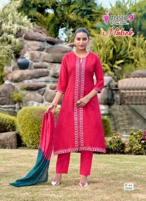 Mystic 9 Mahek Vol 2 Roman Silk Embroidery Work Suit Set Top, Pant And Contrast Chanderi Dupatta Wholesale wholesale catalogs